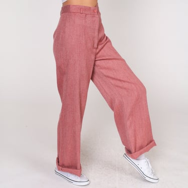 70s Trousers Heather Red Wide Leg Pants High Waisted Rise Slacks Straight Cuffed Leg Preppy Basic Simple Seventies Vintage 1970s Small S 28 