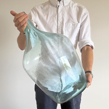 Mid Century XL Transparent Blue Glass Demijohn Vase / Vintage Demijohn Bottle Decoration / Round Bottle Made in Italy / Floor Vase / 1950s 