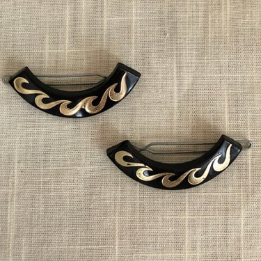 Set of Two Black and Gold Half-Circle Hair Barrettes - 1950s 