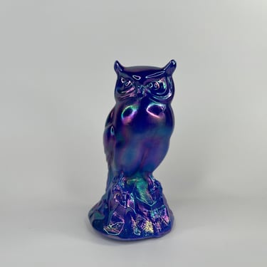 Collectible Fenton Carnival Irradiated Glass Owl Paperweight: Charming Cobalt Blue Design for Home Decor! 