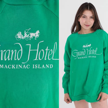 Grand Hotel Sweatshirt 90s Mackinac Island Sweater Michigan Lake Huron Graphic Shirt Green Raglan Sleeve Vintage 1990s Small Medium Large 