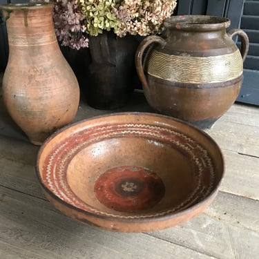 19th C French Redware Bowl, Slip Glaze, Terra Cotta, Earthenware Pottery, Provencal Cookware, French Farmhouse 
