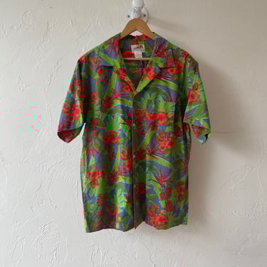Vintage Sears Red + Green Hawaiian Button Down Shirt L