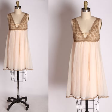 1960s Light Pink and Tan Lace Double Layer Nylon Night Gown by Vanity Fair -XS 
