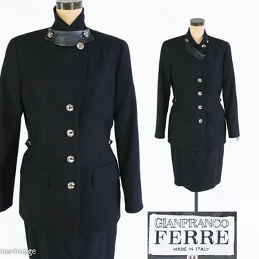 Gianfranco Ferre  | 1980s Black Wool Skirt Suit Set | 80s Black Wool Suit | Gianfranco Ferre Italy | Size 44 