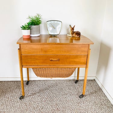 1960s Danish Teak, Wicker Sewing Cart / Table Trolley mid Century Vintage 50s 