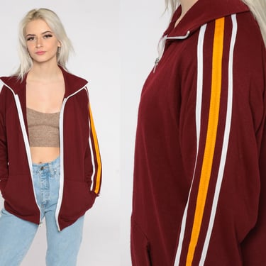 70s Track Jacket Burgundy Striped Jacket Zip Up Sweatshirt Hipster Raglan Sleeve Jacket 1970s Sport Vintage Tracksuit Small Medium 