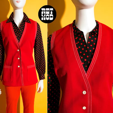 Mod Vintage 60s 70s Red Waistcoat Top Stitch Vest with Pockets 