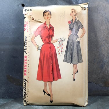 1954 Simplicity #4960 Dress Pattern | Size 24 1/2" | Classic Button Down 1950s Shirt Dress | COMPLETE Cut Pattern in Original Envelope 