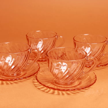 Set of 4 70s Pink Short Clear Glass Teacups Vintage Arcoroc France Teacups Set 