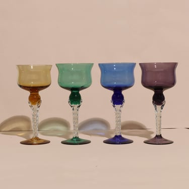 Vintage Multi-Color Rainbow Glasses with Twisted Stem, Vintage Cocktail Glasses, Rainbow Twisted Stem Glasses 