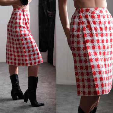 Vintage 90s CELINE PARIS Red & White Gingham Logo Print Wrap Skirt w/ Large Red Signature Buttons | Made in France | 1990s Designer Skirt 