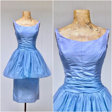 Vintage 1960s Blue Taffeta Bubble Dress, 60s Party Dress w/Princess Seams Pencil Skirt, Mid-Century Prom, Bullock's Wilshire, Small 34