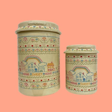 Vintage Kitchen Canister Set Retro 1980s Bohemian + Brandywine Art + Home Sweet Home + Ceramic + Set of 2 + With Lids + Made in Japan 