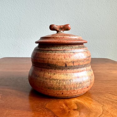 Wally Schwab lidded bowl / vintage 1970s PNW pottery jar  / red-orange handmade ceramic stash box 