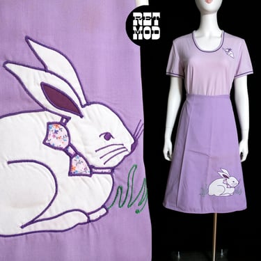 Fun Vintage 70s 80s Pastel Purple Bunny Appliqué Matching Set with Wrap Skirt and T-Shirt 