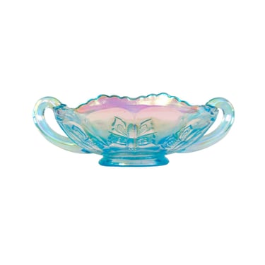 Vintage Carnival Glass Butterfly Bowl by Fenton, Iridescent Aquamarine Blue Bon Bon Dish with Handles, 1940s 50s Collectible Glass 