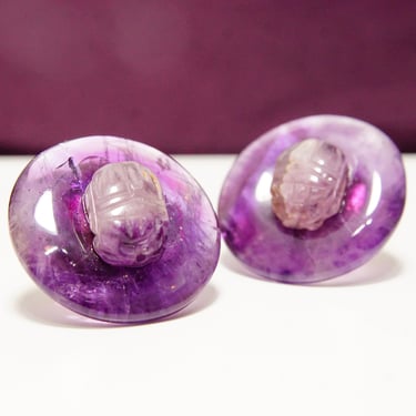 Vintage Purple Crystal Amethyst Scarab Clip-On Earrings, Polished Stone Discs, Hand Carved Scarab Beetle, Mid-Century, 1 1/4&amp;quot; W 