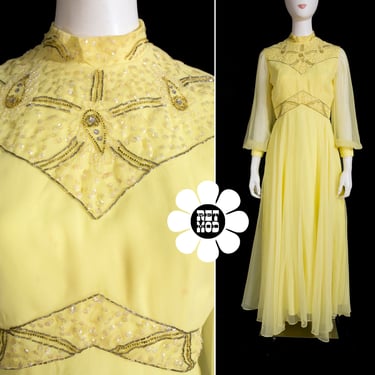 GORG Vintage 60s 70s Light Yellow Chiffon Gown Dress with Beads, Rhinestones and Sequins 