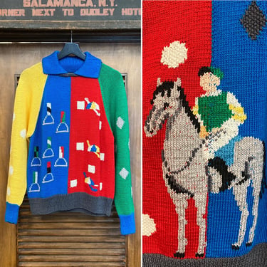 Vintage 1980’s “Berek” Hand Knit Horse Racing Theme Cotton Sweater, 80’s Sweater, Vintage Horse Jockey, Vintage Clothing 