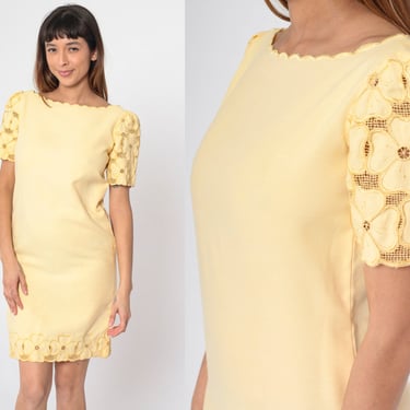 Yellow Floral Cutwork Dress 90s Mini Dress Floral Embroidered Cut Out Short Puff Sleeve Summer Day Cutout Dress Vintage 1990s Small S 