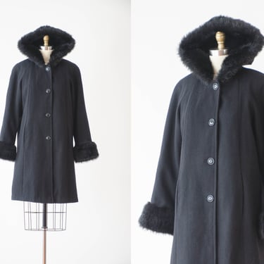 hooded black wool coat | 90s vintage dark academia women's loose oversized faux fur coat with hood 
