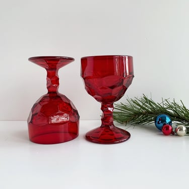 Pair of Vintage Ruby Red Liqueur Goblets, Honeycomb Pattern, Small Colored Stemmed Glasses, Vintage Stemware, Christmas Glassware 