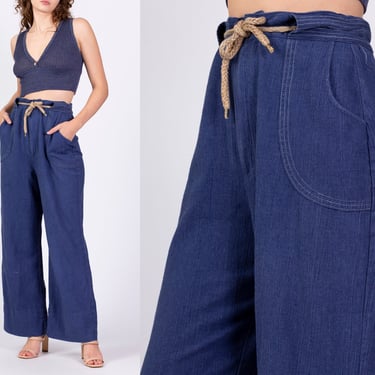 70s Straight Leg Chambray Trousers - Large, 30.5" | Vintage High Waisted Drawstring Blue Flared Pants 