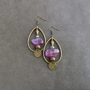Purple crystal geode teardrop hoop earrings 