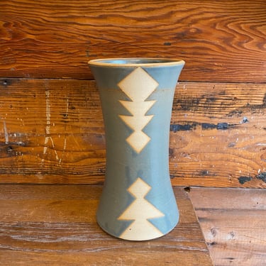 Vase - Slate Blue witih Orange Geometric Shapes 