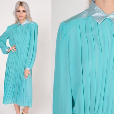 Aqua Blue Dress 70s Pleated Midi Dress Long Puff Sleeve Collared High Waisted Retro Secretary Dress Preppy Blouson Vintage 1970s Large L 