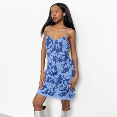 Spaghetti Straps BLUE MIDI SUMMER Sun Spring Picnic Dress Blue Floral Scoop Neck / Small Xs 