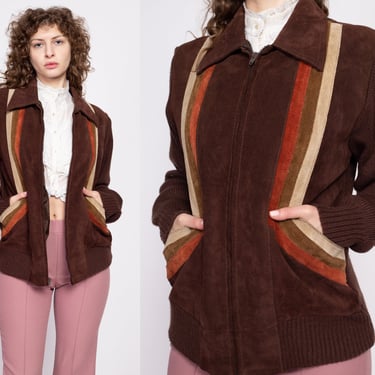 70s Brown Striped Suede & Knit Jacket - Men's Medium | Vintage Leather Zip Up Lightweight Sweater Coat 