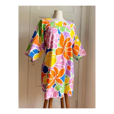 1960s Bright Floral Tunic Dress / Top / Beach Cover- 100% Cotton- adjustable fit small to large 