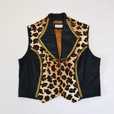 80s 90s Vintage Studded Black Leather Animal Print Vest Gold Leather Vest By Kippys XL Large Gold Studded Animal Print Black Leather Vest 