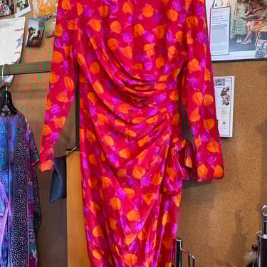 1980s Fuchsia &amp; Orange Floral Draped Dress