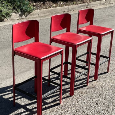 Mid-Century Matteo Grassi Red Leather Barstools - Set of 3 