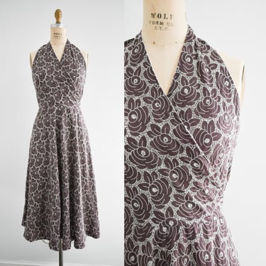 1950s Style Brown Halter Wrap Dress 