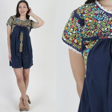 Vintage Navy Oaxacan Mini Dress / All Cotton Mexican Hand Embroidered Dress / Bright Floral Quincenera Fiesta Short Dress 