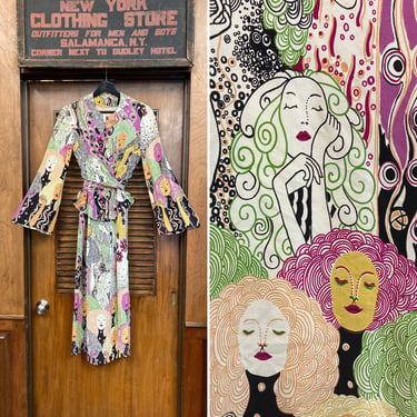 Vintage 1960’s Surrealist Women Faces Novelty Print Wrap Peplum Mod Dress, 1960s Dress, Surrealist Print, Faces Print, Peplum Dress, Novelty 