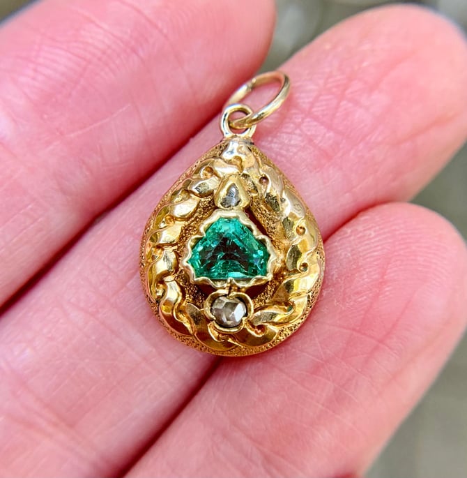 Gorgeous Antique Victorian 18K Gold Emerald & Rose Cut Diamond Pendant, Etruscan 