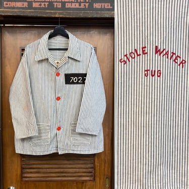 Vintage 1950’s Custom Prison Workwear Ticking Fabric Stripe Work Jacket, 50’s Chore Jacket, Vintage Clothing 