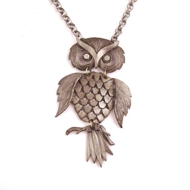 Vintage Owl Necklace 1970s Silver tone Metal Articulated Pewter 