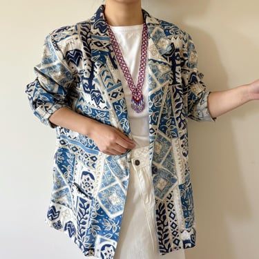 vintage jacket vintage blazer double breasted vintage top beige blue floral 90s 80s retro vintage style utility jacket flax size XL 