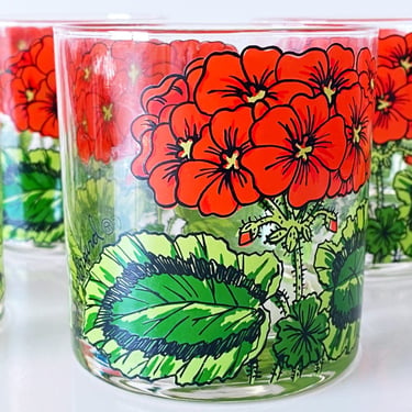Vintage Georges Briard glassware, 2 Double old fashioned cocktail glasses, Bright red floral lowball glasses, fun colorful barware for her 