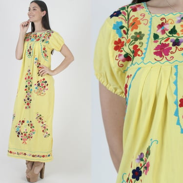 Yellow Tie Dye Mexican Dress Vintage Heavily Hand Embroidered Sundress Womens Puebla Cotton Puff Sleeve Maxi 