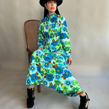 Vintage 70s Neon Green & Blue Floral Tnk Dress 