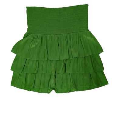 Ramy Brook - Pea Green Satin Smocked Waist Tiered Mini Skirt Sz L