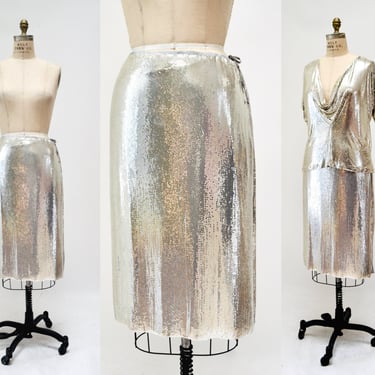 70s 80s Vintage Long Gold Metal Mesh Skirt By Whiting & Davis Medium Gold Metallic Chainmail Long Gold Skirt Whiting and Davis Gold Metal 