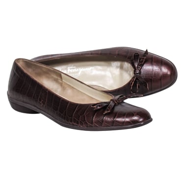 Ferragamo - Brown Croc Embossed Leather Bow Toe Flats Sz 7